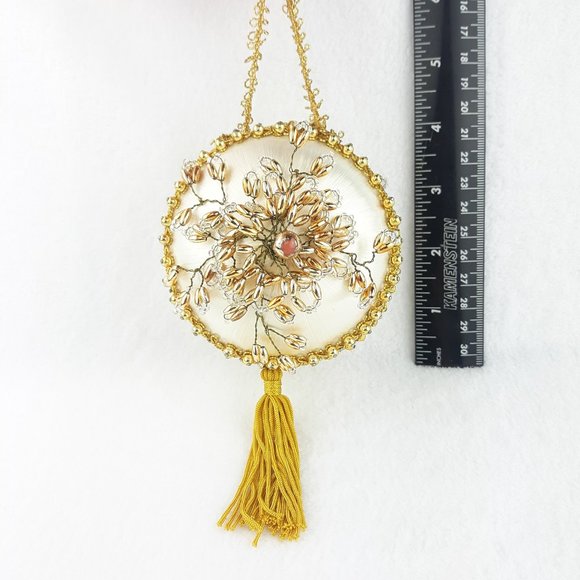 Vintage Satin Beaded Christmas Ornament Cream Gold - Picture 11 of 11